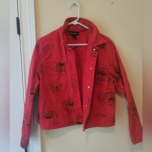 Metrostyle Red Black Floral Denim Jacket